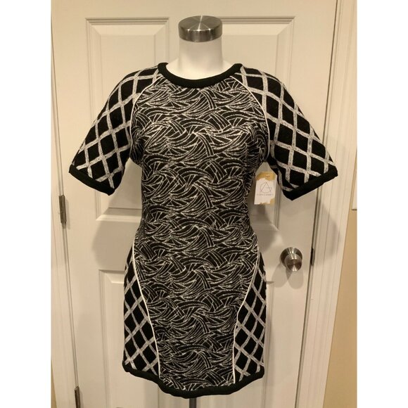 Elizabeth and James Black & White Geometric Dress W/ Short Sleeves, Size Large - Picture 1 of 7